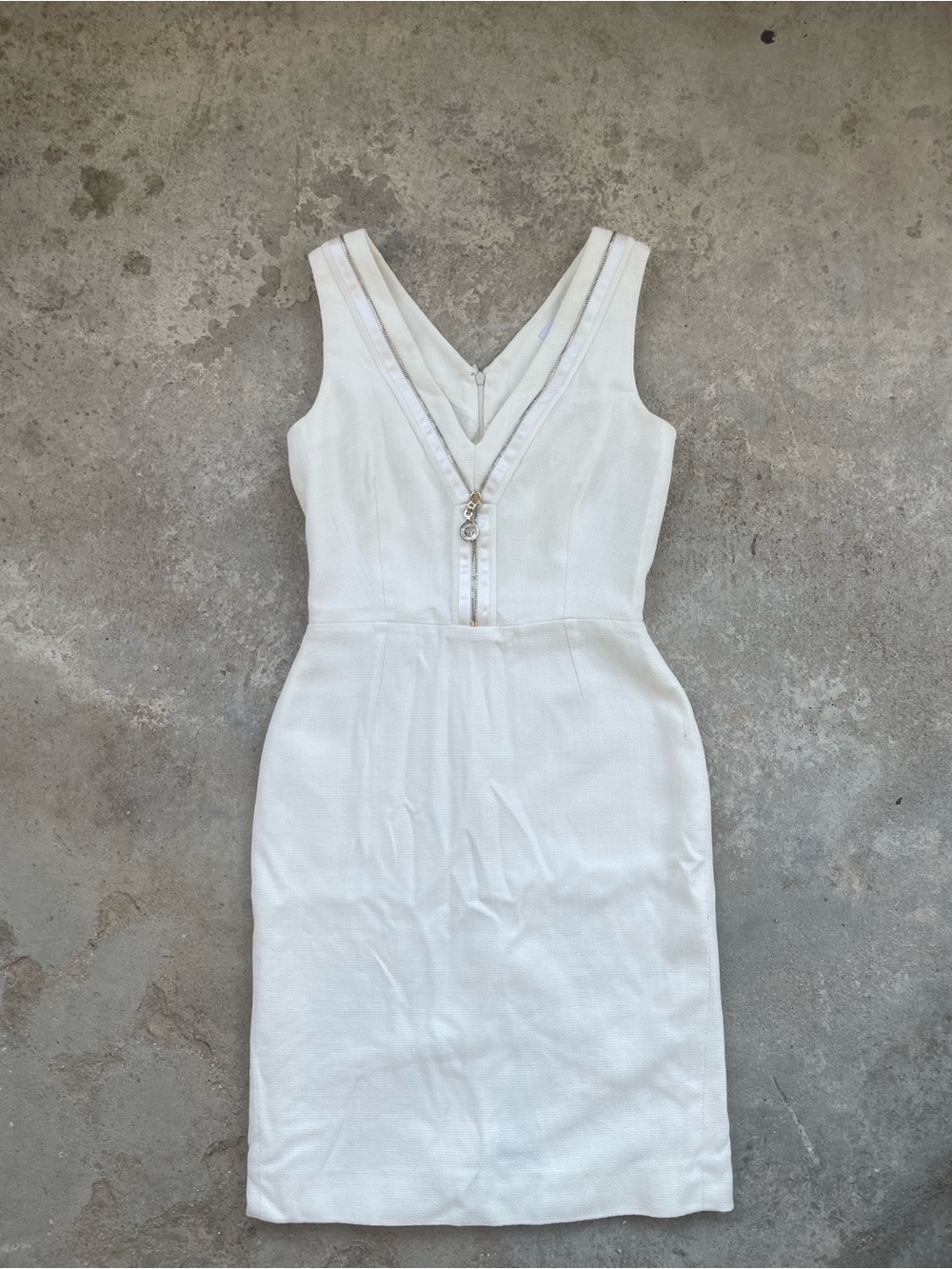 White Versace Sleeveless Sheath Dress w/ zipper detail